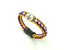 Load image into Gallery viewer, Purple, Gold and White Camo Fleur De Lis Paracord Bracelet, Keychain, or Necklace