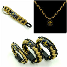 Load image into Gallery viewer, Black and Gold Fleur De Lis Paracord Bracelet, Keychain, or Necklace