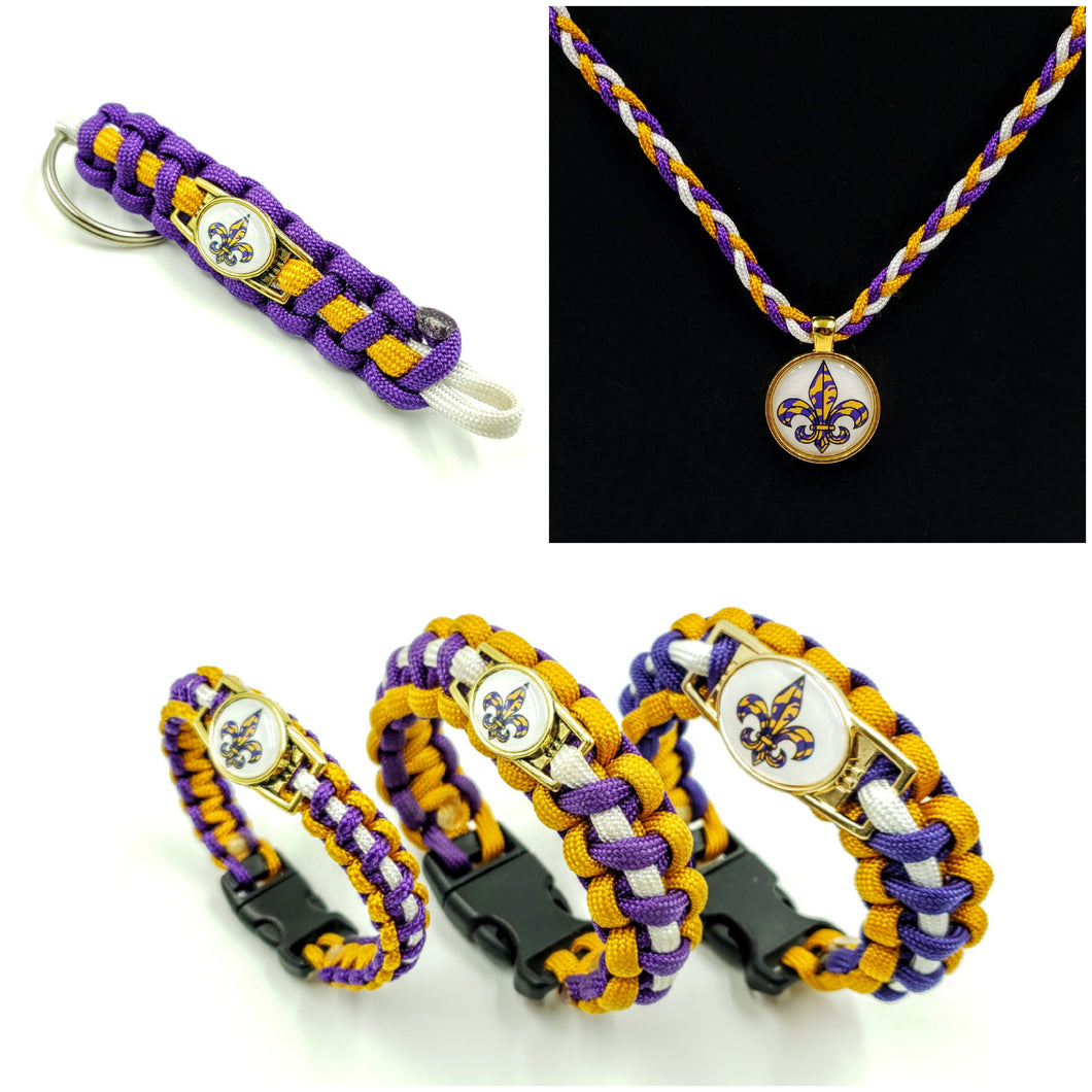 Purple, Gold and White Camo Fleur De Lis Paracord Bracelet, Keychain, or Necklace