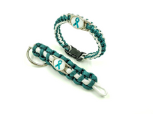 Load image into Gallery viewer, Teal Ribbon Sexual Assault Anxiety MST OCD Ovarian cancer Panic disorder PTSD Tourettes Awareness Paracord Bracelet, Keychain or Necklace