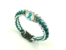 Load image into Gallery viewer, Teal Ribbon Sexual Assault Anxiety MST OCD Ovarian cancer Panic disorder PTSD Tourettes Awareness Paracord Bracelet, Keychain or Necklace