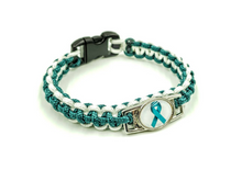 Load image into Gallery viewer, Teal Ribbon Sexual Assault Anxiety MST OCD Ovarian cancer Panic disorder PTSD Tourettes Awareness Paracord Bracelet, Keychain or Necklace